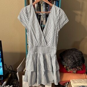 American Eagle Outfitters Blue and White Striped Cotton Linen Blend Dresd